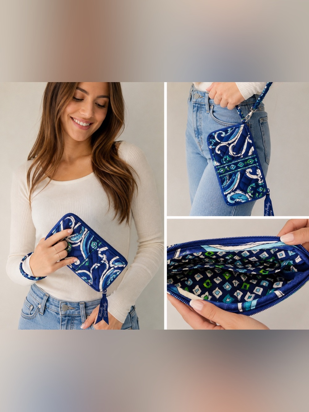 Vera Bradley Blue Quilted Wristlet Wallet Organizer Zip Around Clutch